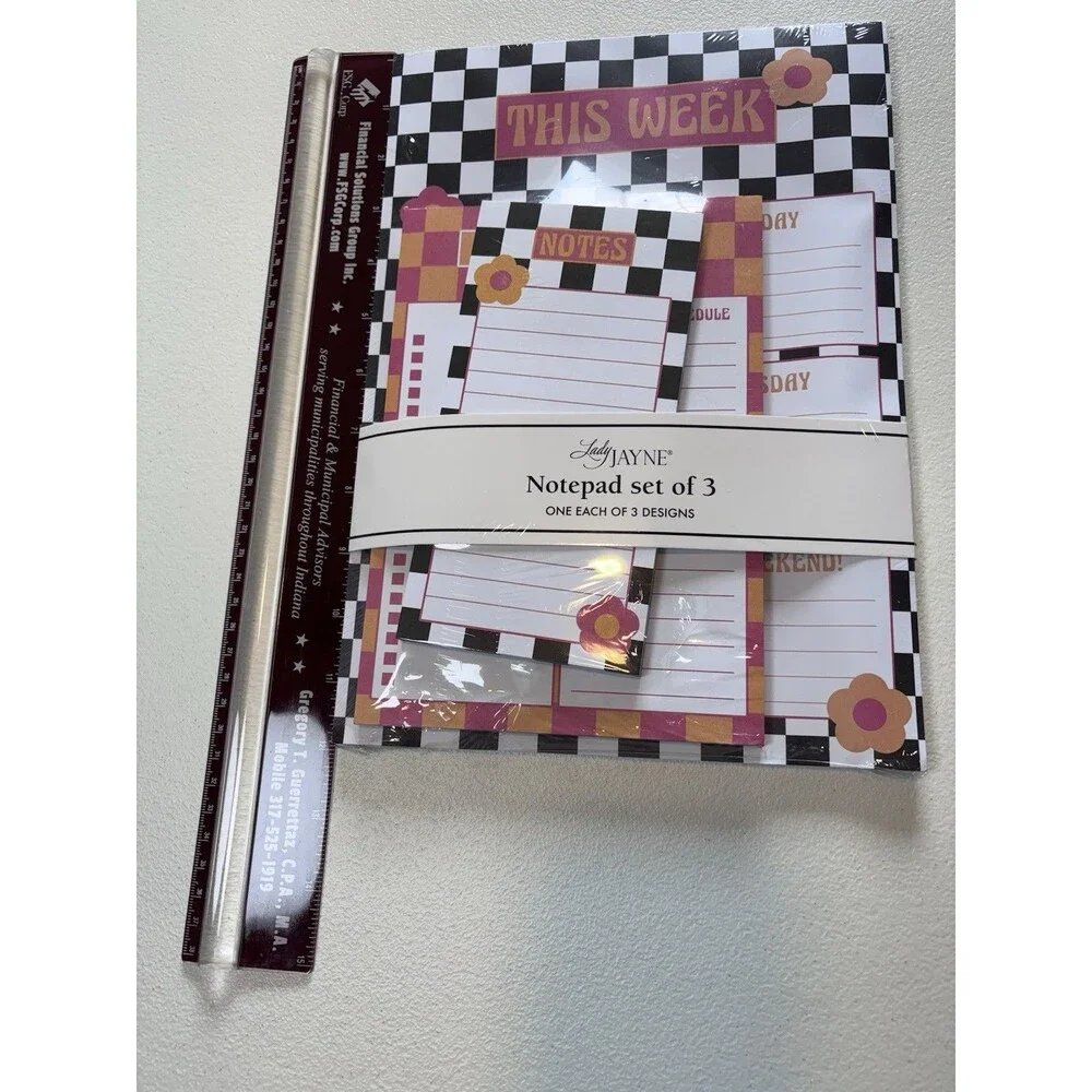 Lady Jayne THIS WEEK Notepad Black White Check Pink Yellow Flowers Teacher Works